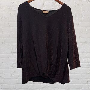 Amana Womens Stretchy Blouse Shimmery Metalic Maroon Black 3/4 Sleeve Size 2X